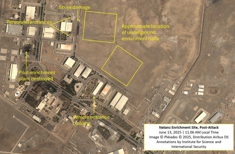 Figure 2. Another post-attack image highlighting the destroyed PFEP, the location of the underground Fuel Enrichment Plant (FEP), and the location of the underground entrances, where damage is visible near the personnel entrances.